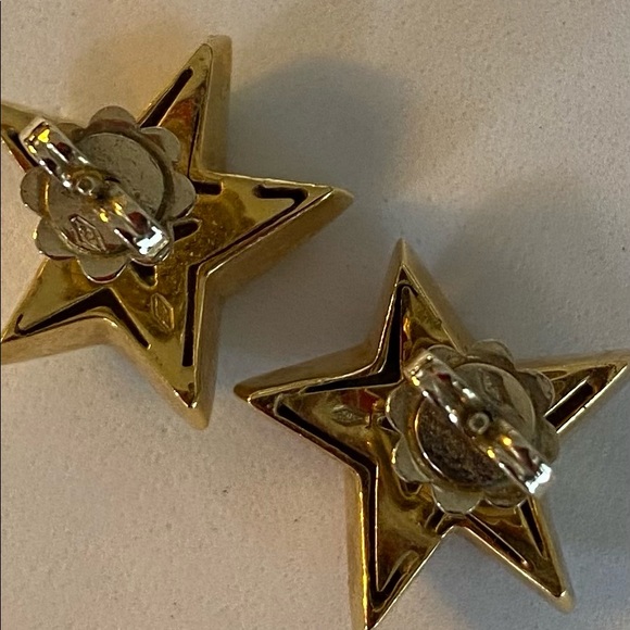 Solid 18KT Yellow Gold with Enamel Star Swiss earrings with Diamond Moons - Picture 7 of 9